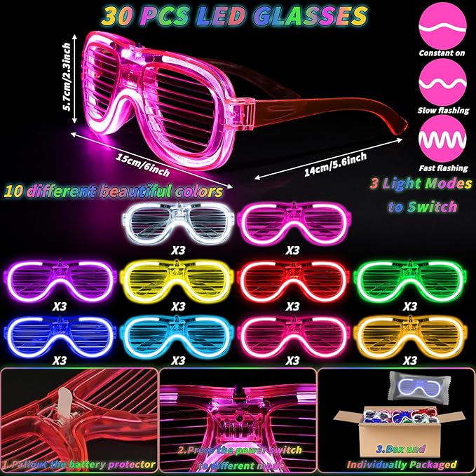 Oleitodh Glow in the Dark Party Supplies Set Bulk Neon Party Favor Toys Includes 30 Led Light up Glasses 10 Color 30 Light up Foam Sticks Bulk for Disco Wedding Birthday Concert Halloween Raves Party