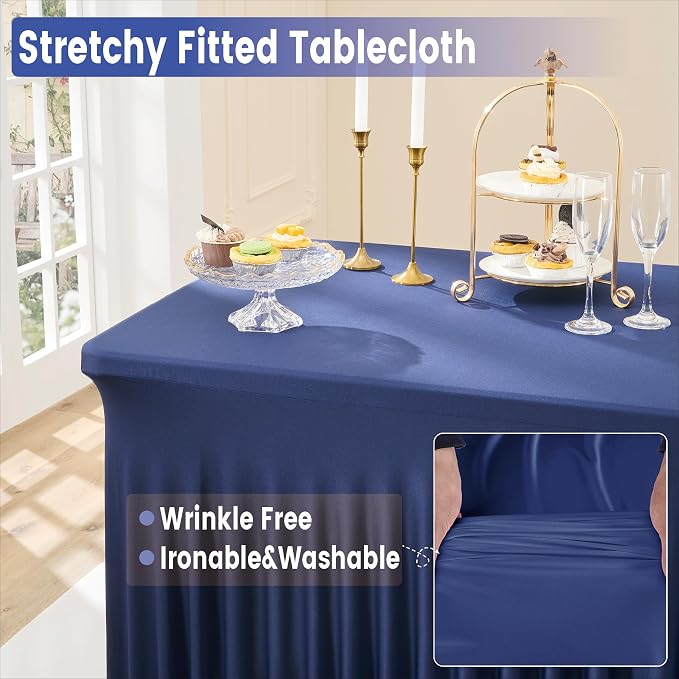 Outpain 8ft Spandex Table Cloth for Standard Folding Tables-6Pack Navy Blue Table Cloth Table Protector for Party, Wedding, Cocktail, Banquet, Festival