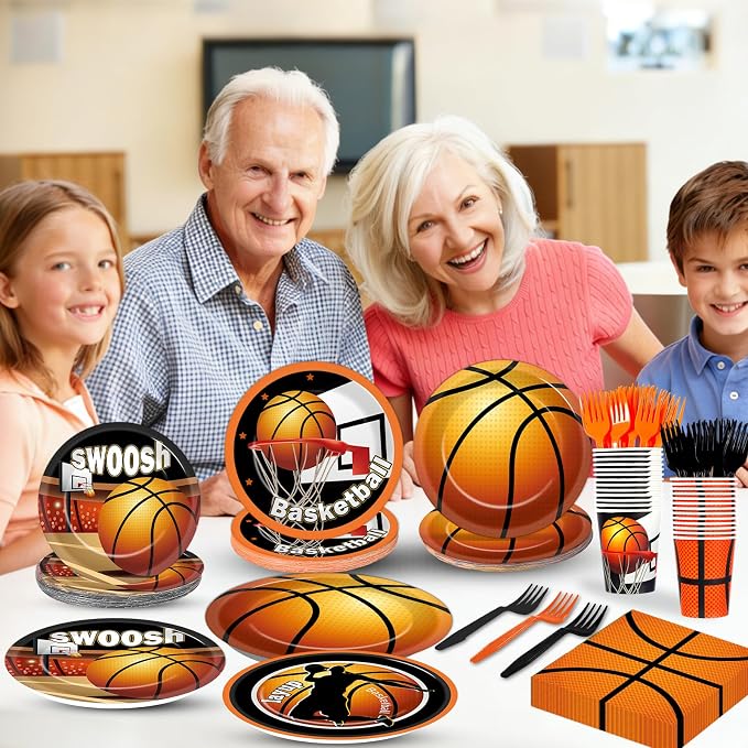250 Pcs Basketball Birthday Party Decors Basketballs Disposable Party Tableware Sets Including Plates Cups Napkins Basketball Sports Theme Dinnerware for Sports Birthday Parties Supplies Serves 50