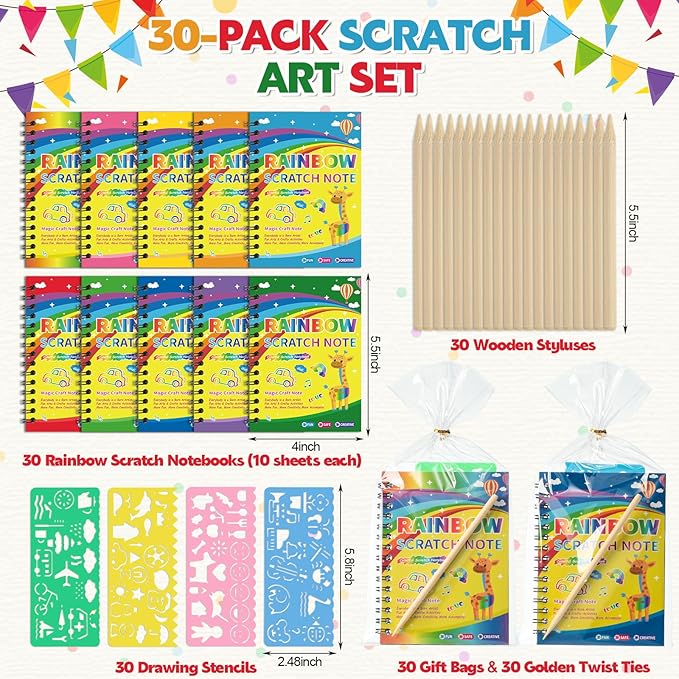 Prudiut 30 Pack Rainbow Scratch Art Notebook, Rainbow Scratch Paper Art Favors Easter Day Gift Birthday Favor for Kids School Classroom