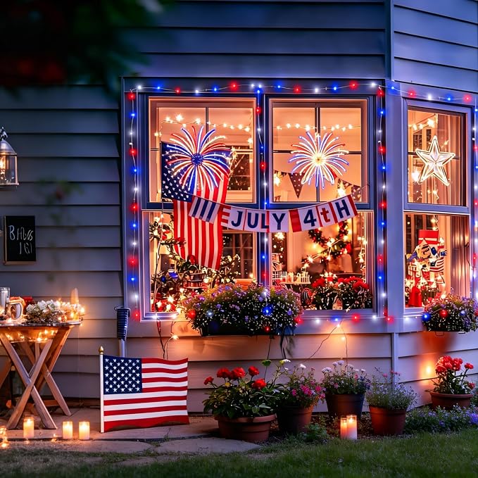 YEGUO 4 Pack Red White and Blue Fairy Lights Battery Operated - 16ft 50 LED 4th of July Twinkle Lights for Independence Day Patio Yard Tree Decorations