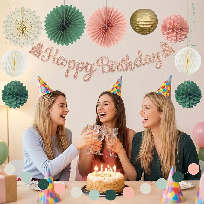 Pink Sage Green Birthday Party Decorations, Happy Birthday Banner with Honeycomb Balls, Paper Flowers, Fans, Lanterns, Circle Garland for Boys Girls, 1st Birthday, Garden Party Decor 19pcs