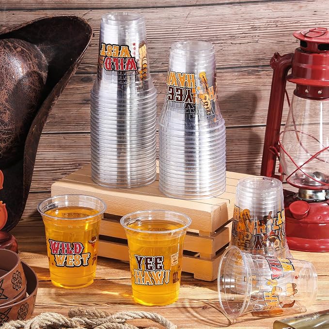 FoldTier 50 Pcs Western Theme Cups 12 oz Wild West Plastic Cups Clear Western Cowboy Disposable Cups Vintage Cowboy Drinking Cups for Home Kitchen Western Cowboy Theme Party Favors Supplies (Western)