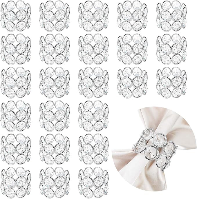 Crystal Metal Napkin Rings Set, Elegant Wedding/Party Table Decor, Shiny Holiday Dinner Accessories Bulk, Bridal Shower Gift, Anniversary, Christmas, Home Decor Essentials (Silver, 24-Pcs)