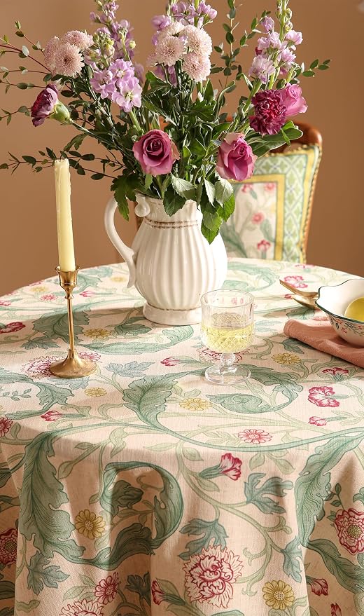 patdrea Vintage French Linen Tablecloth,Round,Diameter 55"-Cecilia A | Colorful Elegant Table Cloth for Round Table,Floral Vine Patterned,for Dining Room Tea Party Thanksgiving