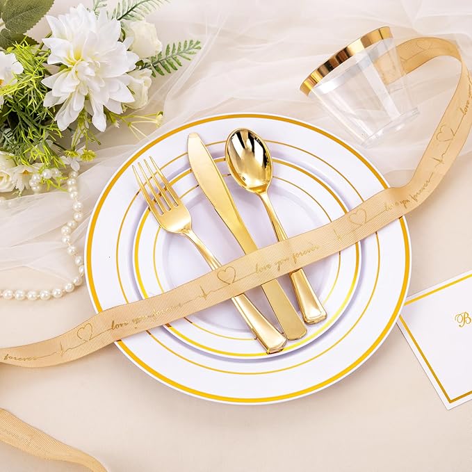 bUCLA 300PCS Gold Disposable Dinnerware Set - White and Gold Plastic Plates - Include 50 Each (Dinner&Dessert) Plates,50 Knives,50 Forks,50 Spoons,50 Cups for Party