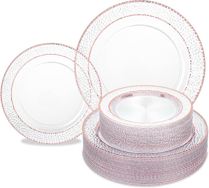 HOMIP 60PCS Clear Plastic Plates with Rose Gold Stone Texture rim - Disposable Party Crystal Plates Include 30PCS 10" Dinner Plate & 30PCS 7" Dessert Plate Perfect for Wedding & Party