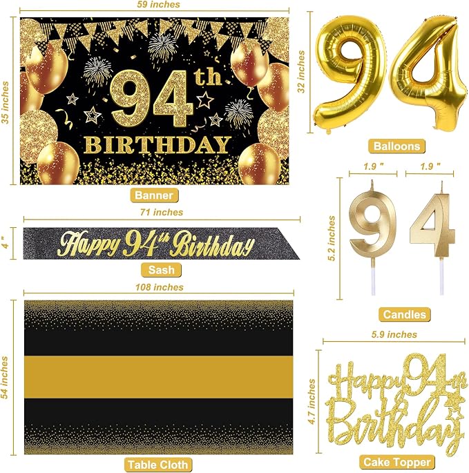 94th Birthday Decorations Men Women with 94th Birthday Banner, Black and Gold Table Cloth, Number Balloons, Large Sash, Cake Topper and Candles