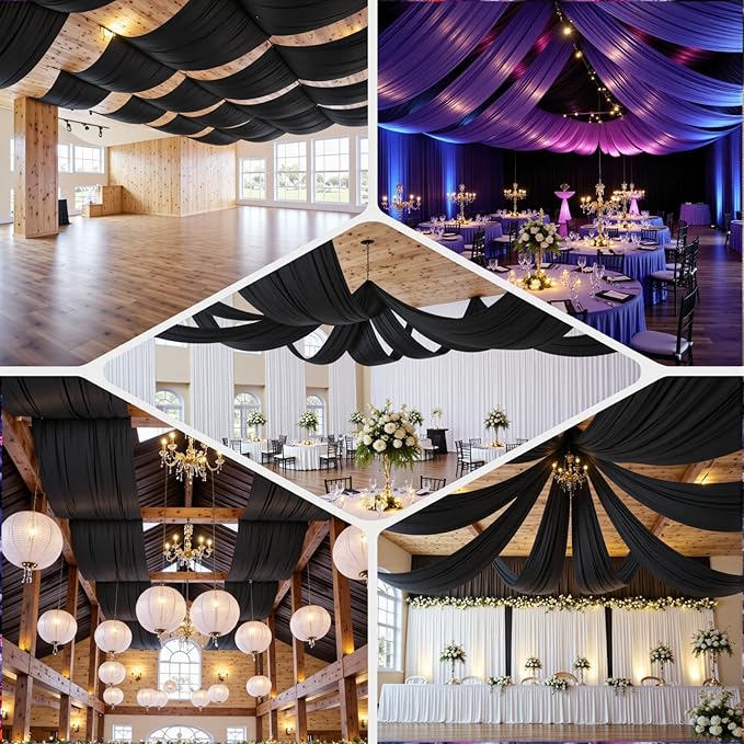 60ftx40ft Black Ceiling Curtain for Wedding Parties – 12 Panels Wrinkle-Free 40 FT Long Tent Draping Curtains for Wedding, Birthday & Theme Parties, 40ft Height with Rod Pocket