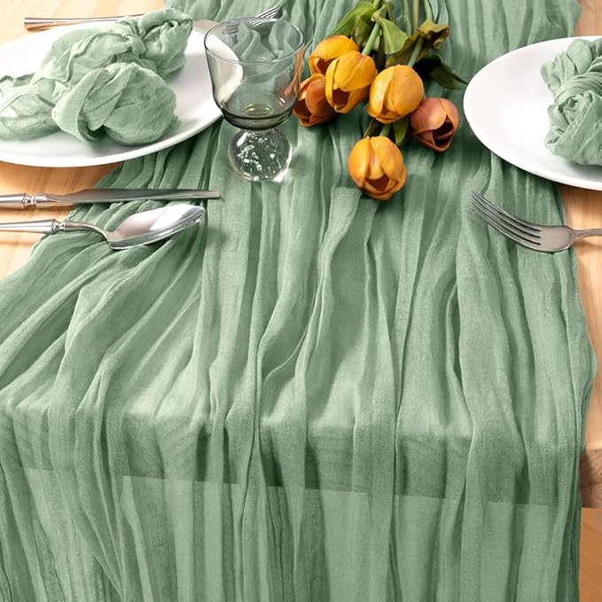 MLMC 8 Pack Sage Green Table Runner 10ft Rustic Gauze Spring Cheesecloth Table Runner 35x120 Inches Cheese Cloth for Boho Wedding Bridal Shower Centerpiece Decor