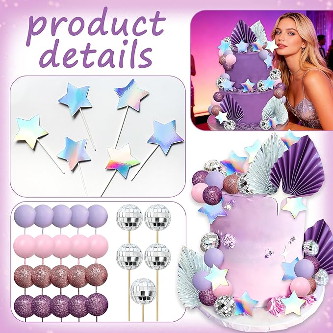 41Pcs Purple Disco Ball Cake Topper Purple Cool Girl Birthday Party Decorations Cool Girl Cake Decorations Disco Singer Stars Bachelorette Party Supplies