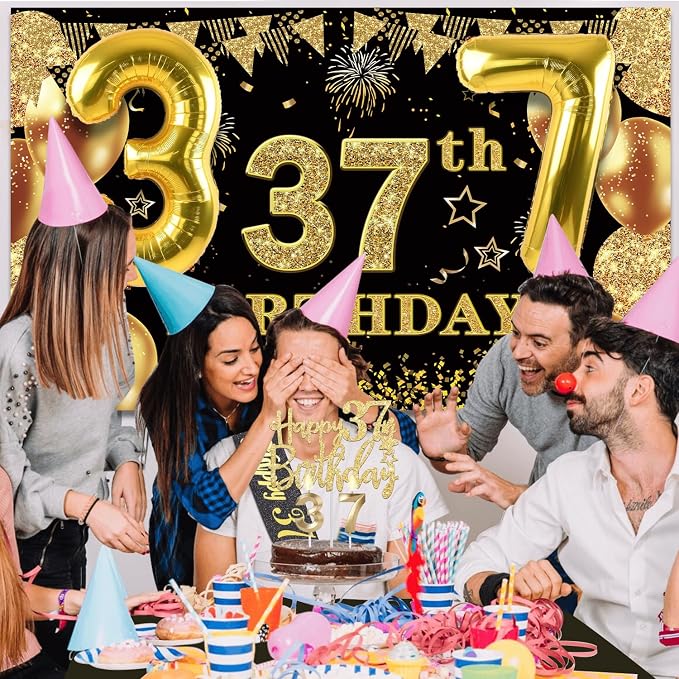 37th Birthday Decorations Men Women with 37th Birthday Banner, Black and Gold Table Cloth, Number Balloons, Large Sash, Cake Topper and Candles