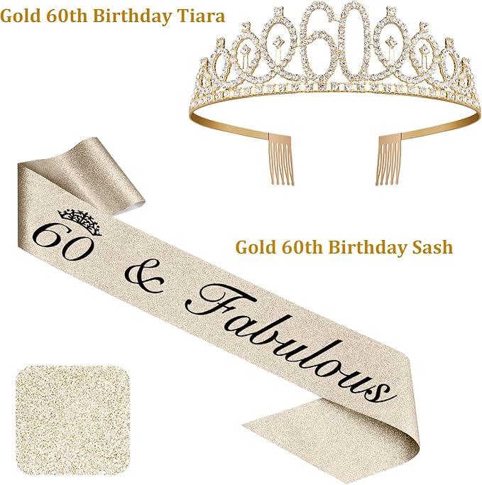 60th Birthday Decorations Gifts for Women with 12oz Coffee Wine Tumbler Mug, Birthday Crown, Sash, Cake Topper and Candles, 60 Year Old Gifts Idea