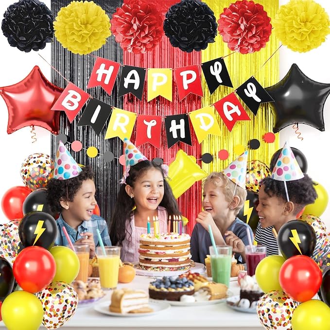 Red Black Yellow Party Supplies,Include Balloons Happy Birthday Banner Fringe Curtain Tissue Paper Pompoms Garland