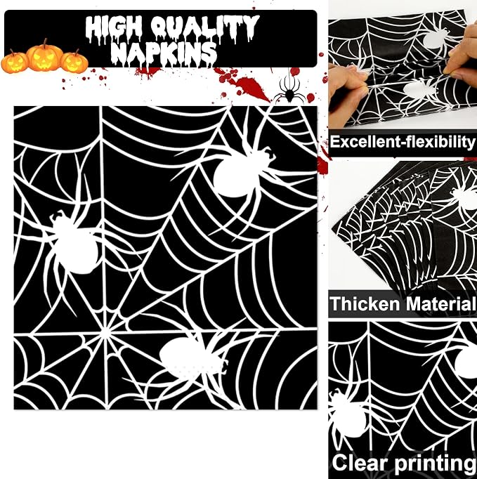 50 Guests Halloween Spider Web Plates and Napkins Party Supplies Spiderweb Party Decorations Disposable Tableware Black and White Halloween Dinnerware Favor for Get Together Celebration, 200PCS