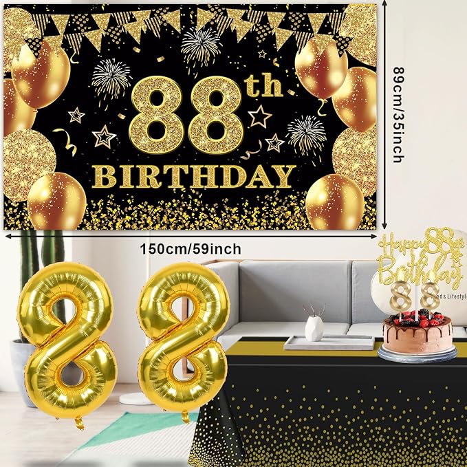 88th Birthday Decorations Men Women with 88th Birthday Banner, Black and Gold Table Cloth, Number Balloons, Sash, Cake Topper and Candles
