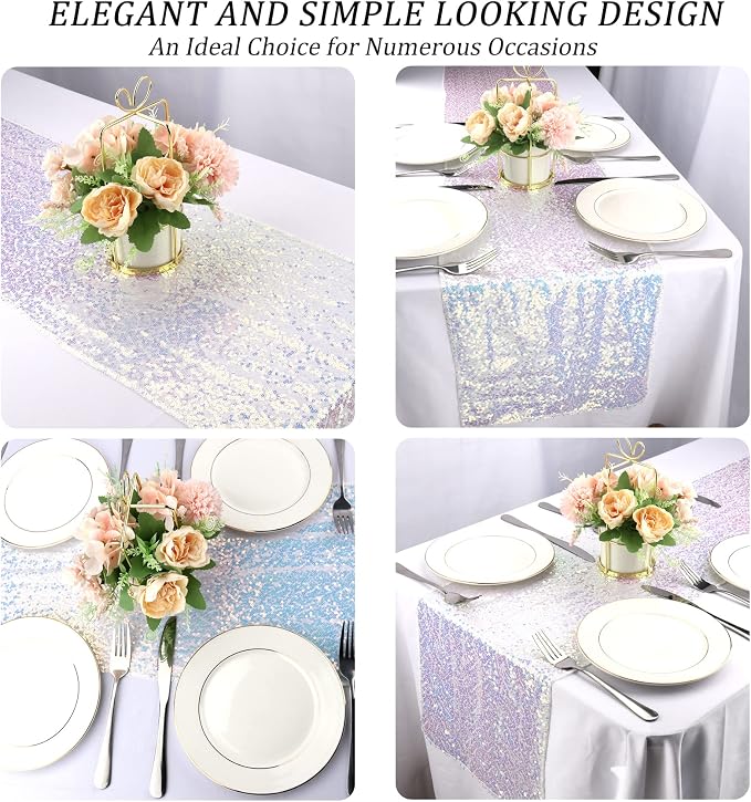 12 Packs Sequin Table Runner Glitter Dining Table Runner for Birthday Wedding Engagement Bridal Baby Shower Bachelorette Holiday Celebration Party Supplies Decorations (12" x 108", White Iridescent)