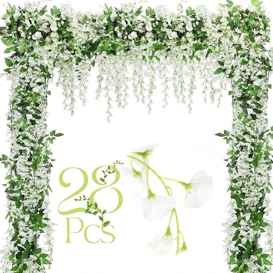 Crowye 28 Pcs 7.2ft/pcs Artificial Flowers Wisteria Garland Artificial Wisteria Vine Hanging Flower Decorations Flower Vines for Outdoor Wedding Wall Arch Party Backdrop Floral Decor (White)