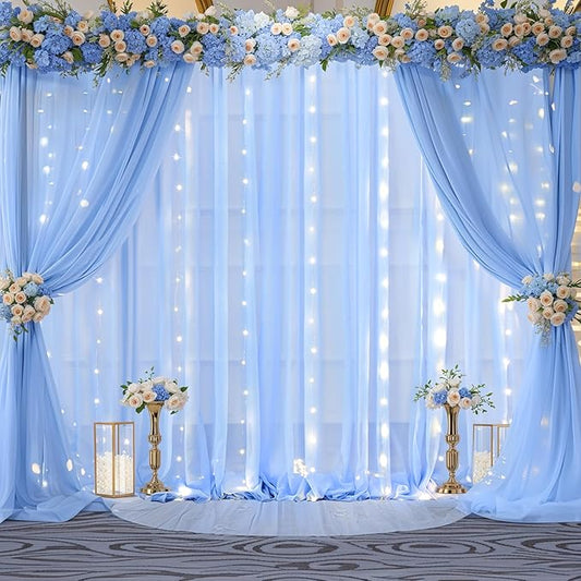 10x10ft Baby Blue Chiffon Backdrop Curtain with Lights String for Wedding Sheer Tulle Curtain Photo Backdrops Drapes for Baby Shower Birthday Party Home Ceremony Decorations