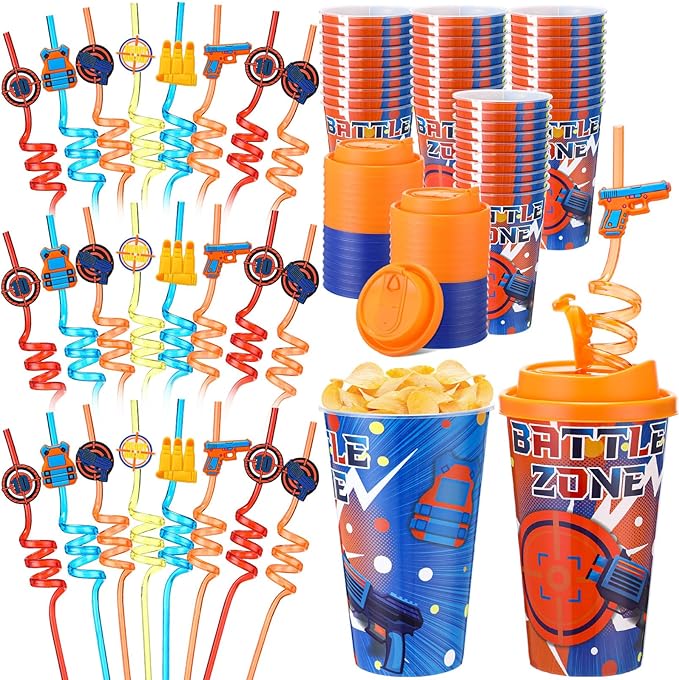 Yungyan 36 Sets Dart Battle Party Favors Goodie Cups with Lids and Straws for Birthday Decorations Reusable 16oz Plastic Candy Cups Plastic Straws for Birthday Party(Dart Battle)