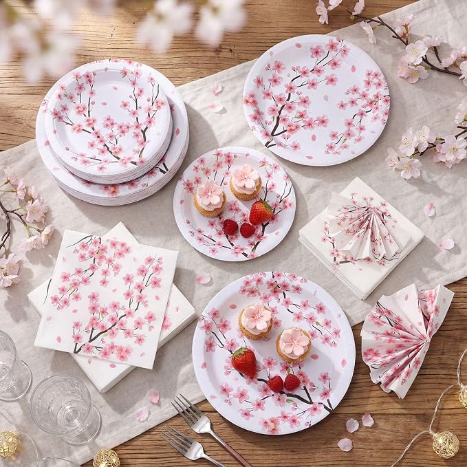 Funnymoom 200 Pcs Cherry Blossom Party Supplies Serve 50 Guests Pink Spring Floral Paper Plates and Napkins Japanese Disposable Dinner Dessert Plates for Bridal Shower Wedding Party