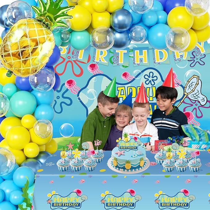 Yellow Happy Birthday Party Decorations Set-Ocean Cartoon Theme Set Including Balloons, Backdrop, Banner, Tablecloth, Hanging Swirls, Cake Cupcake Toppers Birthday Party Decor Supplies for Boys girl