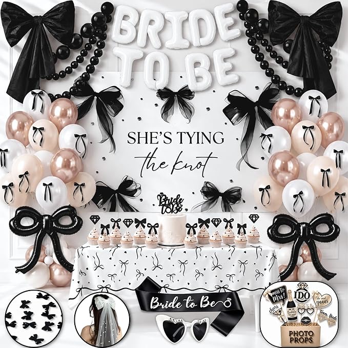 325 Pc Black Bow Bridal Shower Decorations Set - She’s Tying the Knot Bridal Shower Decorations with Black Bow Balloons, Backdrop, Bride to Be Banner - Elegant Bachelorette Party Decor Kit