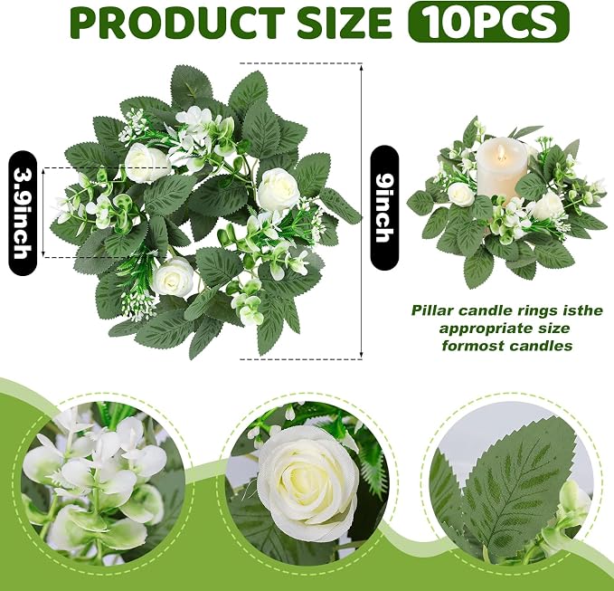 10PCS Wedding Rose Candle Rings Artificial Floral Eucalyptus Leaves Wreaths Faux Candle Rings Summer Greenery Candleholders Garland Pillar Holder for Bridal Shower Bachelorette Party Table Decor
