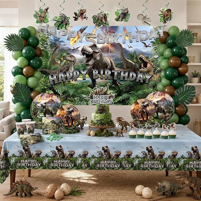 Dinosaur Birthday Party Decorations, 278 PCS Dino Party Supplies Serves 24 with Backdrop, Balloons, Plates Cups Napkins Forks, Cake Toppers, Banner, Swirls & Tablecloth for Boys Girls