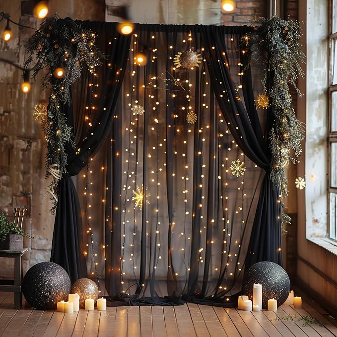 Fomcet Black Tulle Backdrop Curtains with Lights String 10FT X 8FT Sheer Curtain with Lights Tulle Curtains Backdrop for Wedding Birthday Party Baby Shower Photo Shoot (2 Panels 5x8FT)