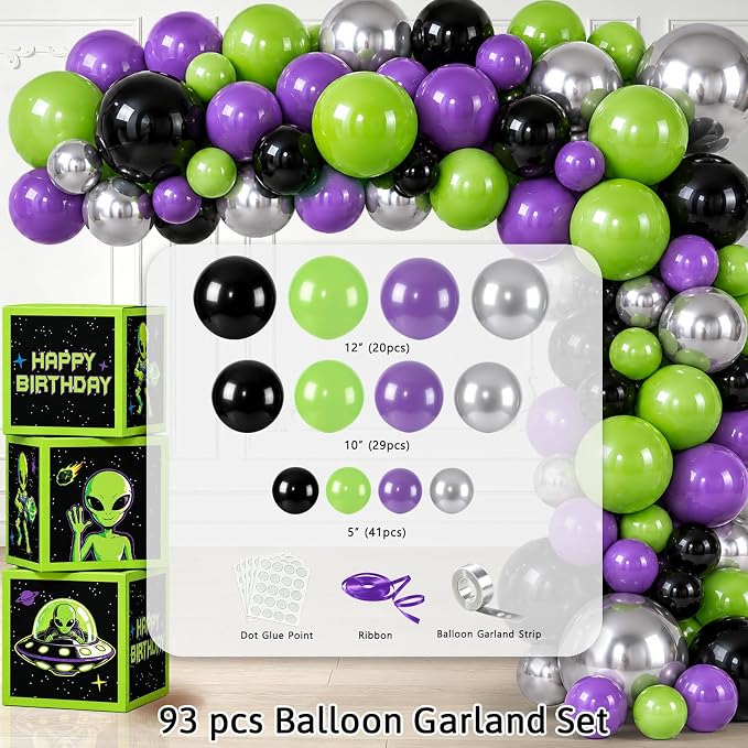 NeoRov 301 Pcs Alien Birthday Party Decorations Tableware Balloon Arch Set | Service 25 Guests | All-In-1 Pack Includes Backdrop, Tablecloth, Balloon Boxes, Balloon Kit | For UFO Theme Party