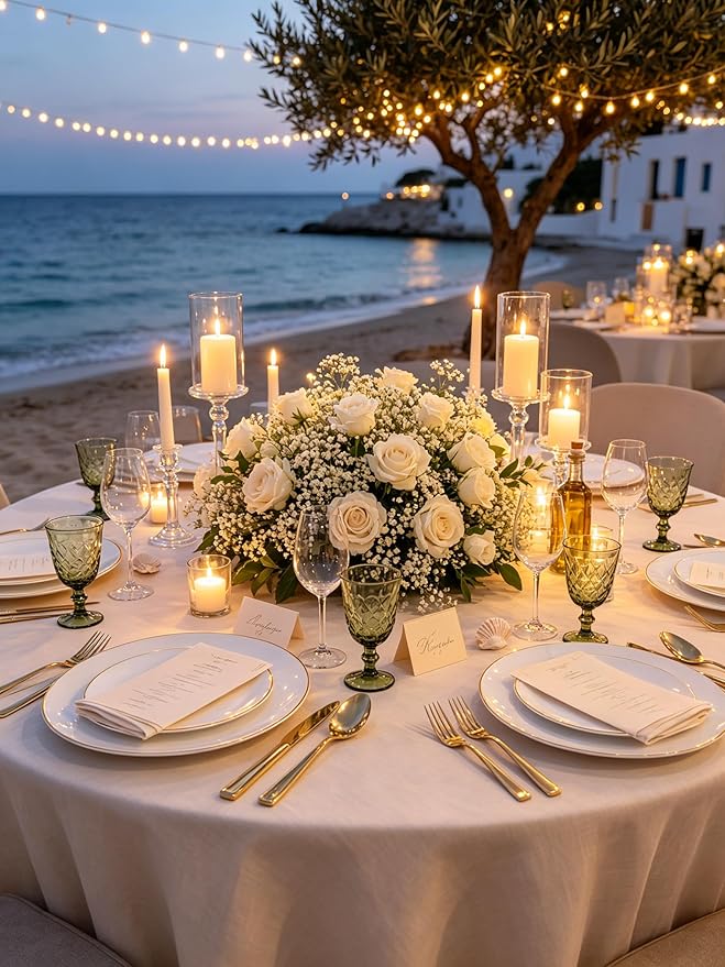 WDF 150Pcs White and Gold Plastic Plates - Gold Plates Disposable - 50 Guest Disposable Dinnerware Include 50 Dinner Plate, 50 Dessert Plate, 50 Cutlery & 50 9oz Cups for Wedding/Spring/Mothers Day
