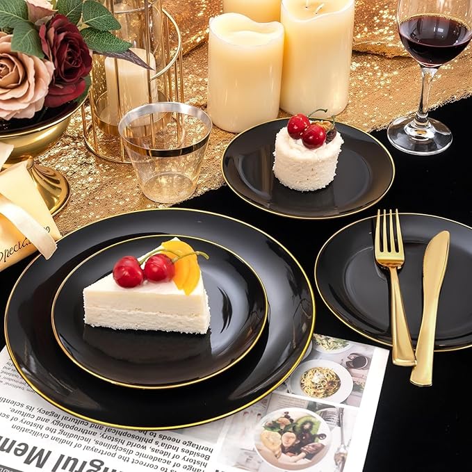 WDF 300PCS Black and Gold Plates - Black Plastic Plates for Party - 50 Guest Disposable Dinnerware Sets for Party/Wedding/Graduation/Memorial Day