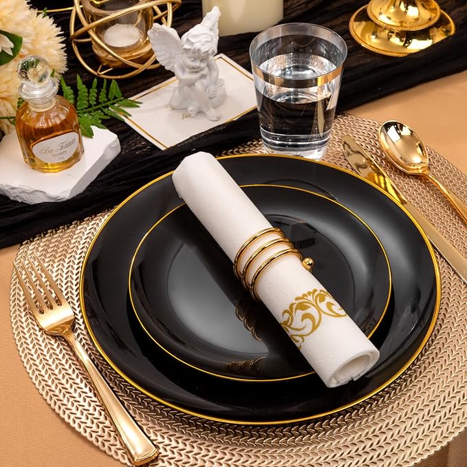 Supernal 350PCS Black and Gold Plastic Dinnerware Set (Serves 50 Guests) - Elegant Black Plates with Gold Rimmed Edges, Disposable Gold Silverware, Cups, Napkins for Party, Wedding,Celebration
