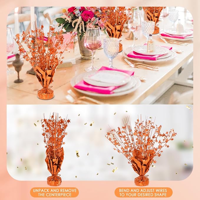 12 Pack Metallic Foil Spary Centerpieces for Tables, Orange Centerpieces for Tables Decorations, Star Brust Table Centerpieces for Birthday Graduation Wedding Baby Shower Party