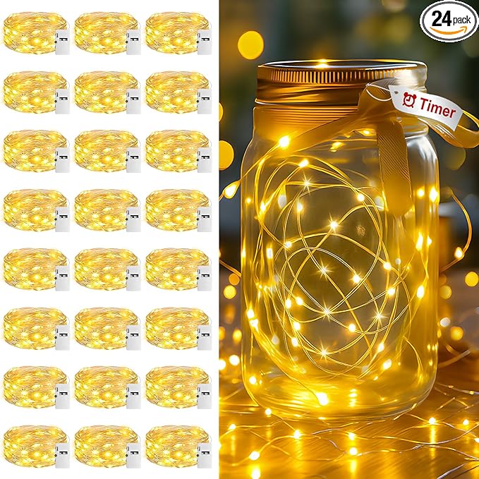 24 Pack Fairy Lights Battery Operated with Timer, 3 Modes 7ft Mini String Lights, 20 LED Silver Wire Bulk Twinkle Light for Valentine's Day Wedding Party Table Centerpieces,Warm White