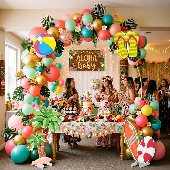 4 Pcs Large Summer Party Decorations, Hawaiian Yard Signs with Stakes Flip Flops Beach Ball Surfboard Palm Tree Cardboard Cutouts for Tropical Birthday Baby Shower Indoor Outdoor Photo Prop