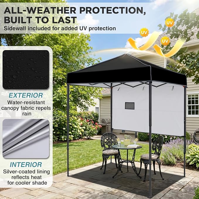 EAGLE PEAK 6x4 Instant Pop Up Canopy Tent with 1 Half Wall Panel, Straight Leg Sun Shelter, Portable Canopy with Carry Bag for Camping, Beach & Sports, Black