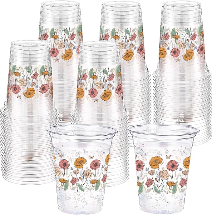 Hushee Boho Flower 60 Pcs Party Cups 16 oz Plastic Disposable Drinking Cups for Birthday Love Baby in Bloom Baby Shower Summer Fresh off The Market Bridal Shower Decorations Supplies