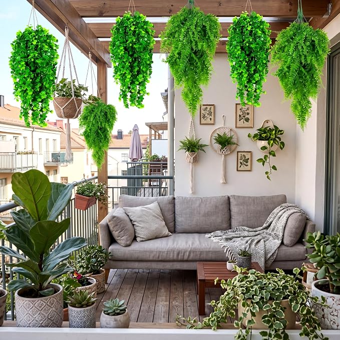 Daifunli 24 Pcs Artificial Hanging Plants Fake Hanging Ferns Plastic Fake Plant for Wall Room Garden Garland Indoor Outdoor Decor No Basket (Boston,Eucalyptus)