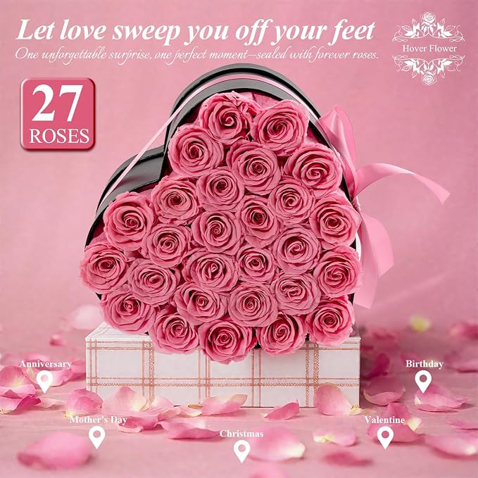 27 Forever Preserved Flowers in a Box, Vanlentines Day Gifts for Her, Eternal Roses Flowers for Delivery Prime, Birthday Gifts for Women Mom Grandma Wife (Pink)