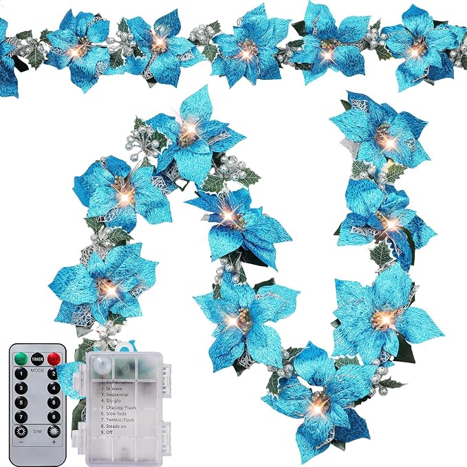 Zubebe 2 Pcs Prelit Poinsettia Christmas Garland with String Lights Glitter Holly Leaves Berries Remote Timer 8 Modes 6.5 ft Lighted Flower Garland Battery Operated Indoor Outdoor Decor(Light Blue)