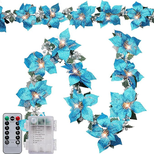 Zubebe 2 Pcs Prelit Poinsettia Christmas Garland with String Lights Glitter Holly Leaves Berries Remote Timer 8 Modes 6.5 ft Lighted Flower Garland Battery Operated Indoor Outdoor Decor(Light Blue)