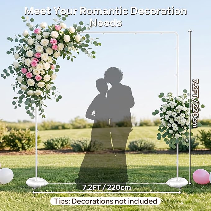 GOJIAWAY 7.2ft White Square Backdrop Stand, Metal Frame,2 Water Bags Base | Adjustable Height 4–7.2ft, Rust-Resistant, Quick Snap Assembly, Stability, for Wedding, Photo, birthday party, balloon arch
