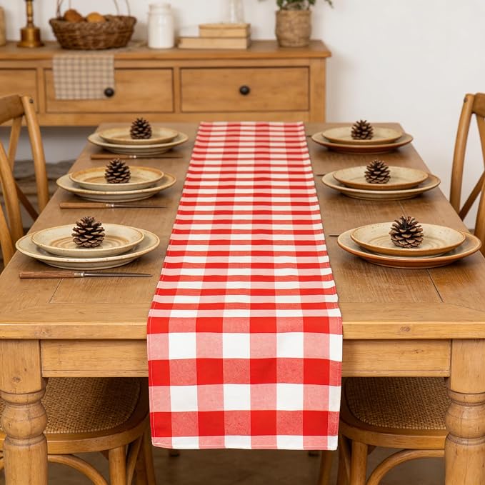 ShinyBeauty Red & White Buffalo Plaid Runners 120 inches Long Classic Farmhouse Table Runner Checked Table Runners for Family Dinner Thanksgiving Decorations (13"x120")