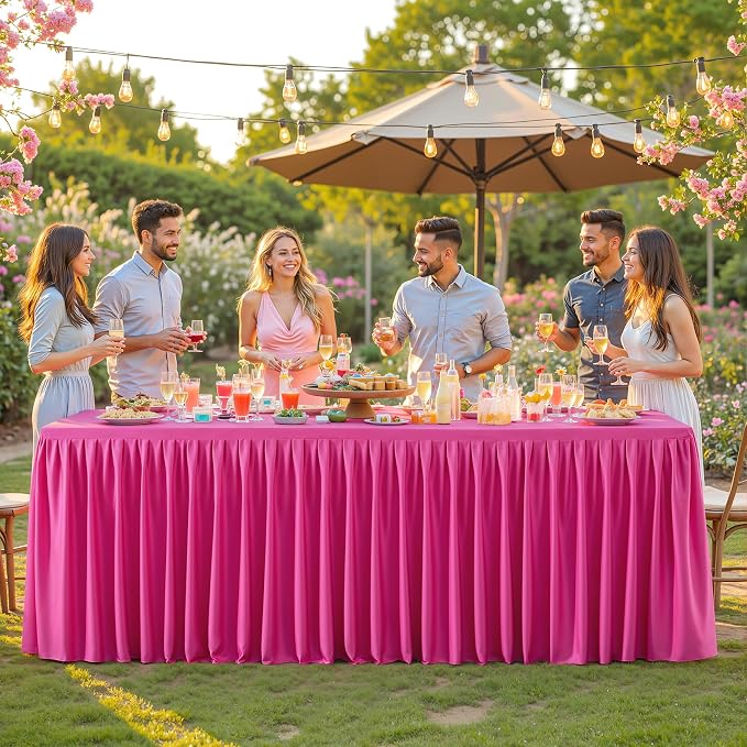 PARTISKY 6 Pack Hot Pink Tablecloths for Rectangle Tables 6ft, Wrinkle Resistant Spandex Table Cover Fitted Stretch Table Cloth with Pleated Ruffle Skirts for Party Banquet Dining Birthday Wedding