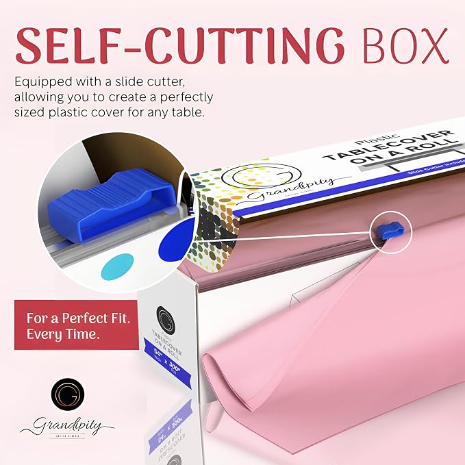 Grandipity Plastic Tablecloth Roll - 54in x 300 Ft. Pink Plastic Table Cloths for Parties Disposable with Cutter Box - Cut to Size Disposable Tablecloth Table Cover for Rectangle & Round
