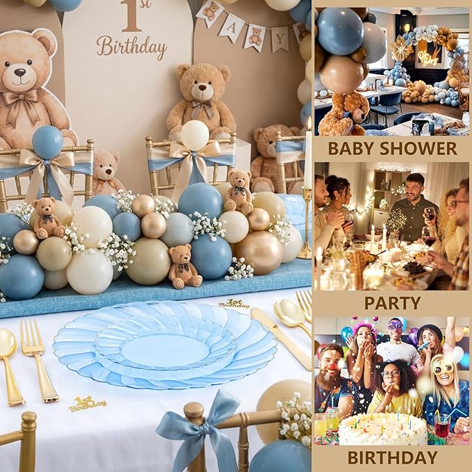 YOUBET 125PCS Clear Blue Gold Plastic Plates - Blue Disposable Plates With Gold Rim Include 25 Dinner Plates 25 Dessert Plates 75 Golden Silverwares for Wedding Birthday & Parties
