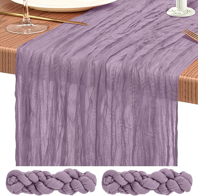 2 Pack Cheesecloth Table Runner 10FT Purple Table Runner Boho Gauze Cheese Cloth Table Runners Long Rustic Sheer Table Decorations for Wedding Party Baby Bridal Shower Birthday Holiday Home