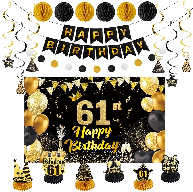 Happy 61st Birthday Party Decoration: Including Birthday Banner Backdrop, Party Table Centerpieces and Hanging Swirl Party Streamers, Birthday Decor for Men and Women (Gold/Black, 61st Birthday)